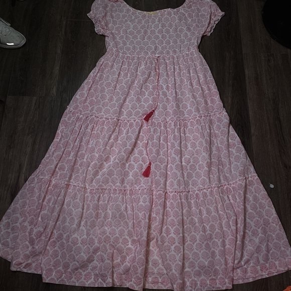 Roller Rabbit Pink Block Print Boho Maxi Dress XXS (L) Cotton Lined Tassel Tie - Picture 6 of 13